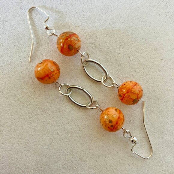 Orange Swirl Earrings Ceramic Beaded Silvertone Metal Oval Hoop Handcrafted New - Picture 4 of 6